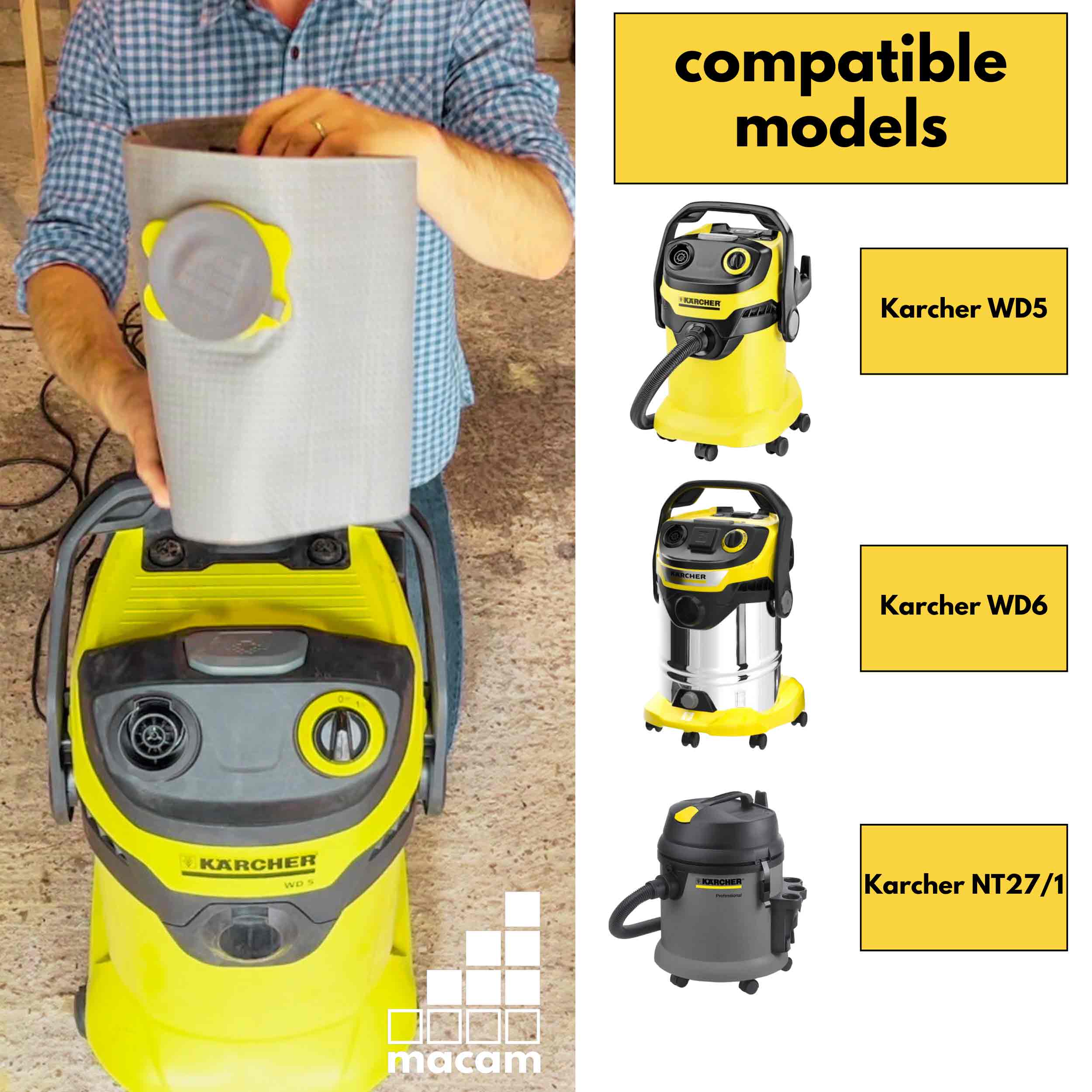 Reusable dust bag for Karcher WD5/WD6 fitted inside the vacuum cleaner
